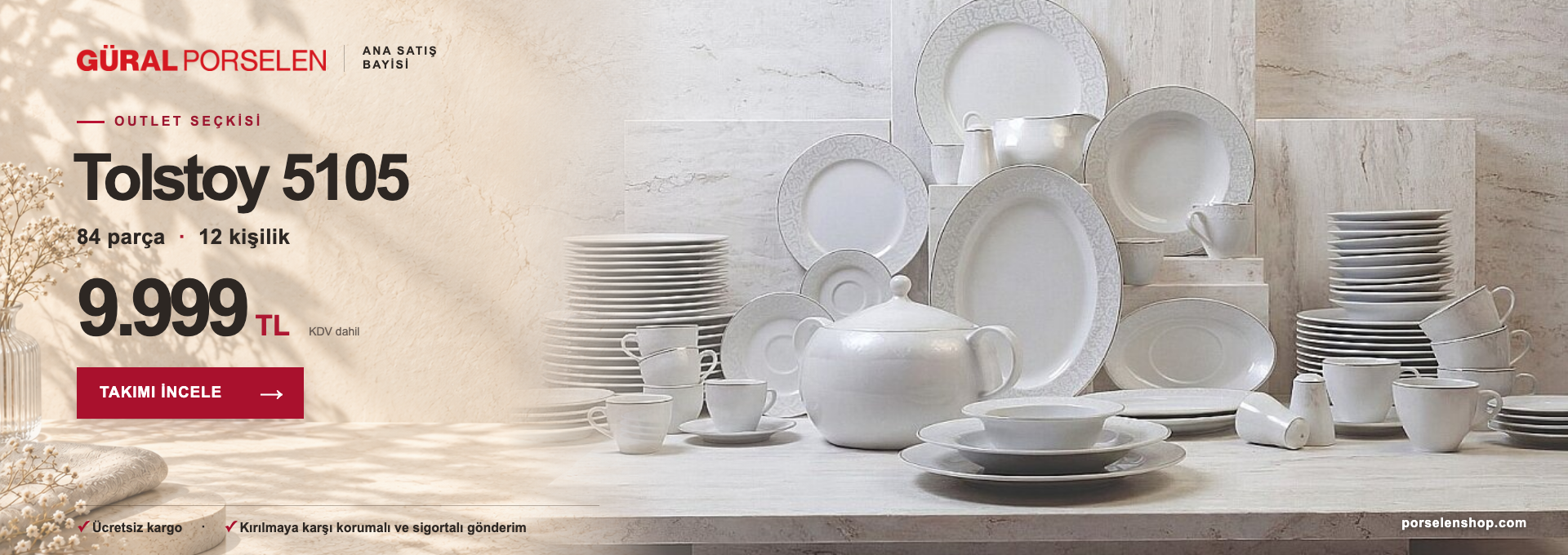 Güral Porselen Tolstoy 5105, 84 parça 12 kişilik yemek takımı Outlet fırsatı