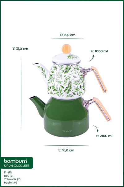 Bambum Unique - Bambu Kulplu Emaye Çaydanlık Takımı Yaprak - 6