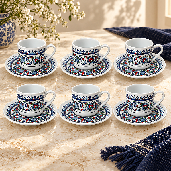 Çini Desenli 6 Kişilik 12 Parça Kahve Fincan Takımı - Outlet