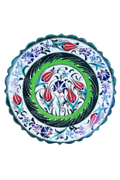 El Işlemesi 25 Cm Lale Desenli Yeşil Tabak