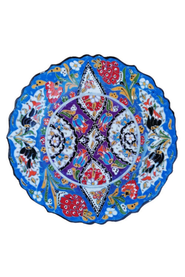 El Işlemesi 30 Cm Karışık Desenli Kabartma Mavi Tabak - 1