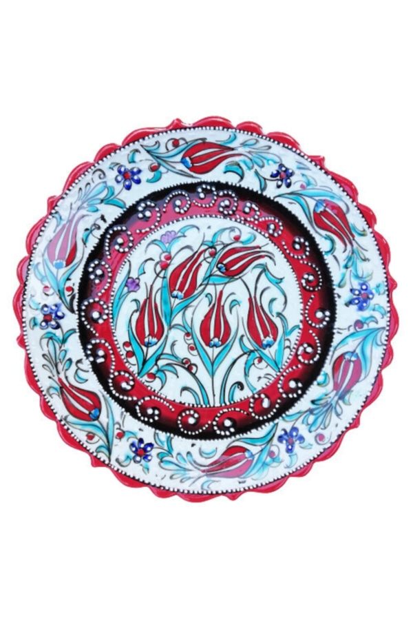 El Işlemesi 30 Cm Lale Desenli Kırmızı Tabak - 1