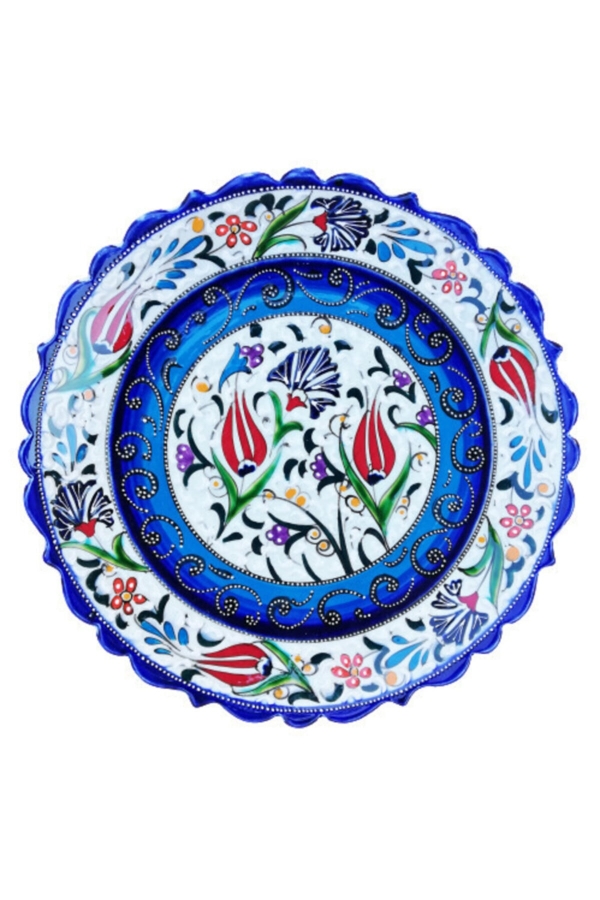 El Işlemesi 30 Cm Lale Desenli Mavi Tabak - 1