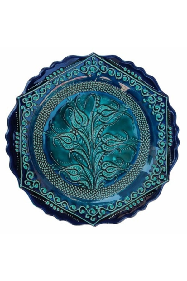 El Işlemesi 30 Cm Lale Desenli Turkuaz Tabak - 1