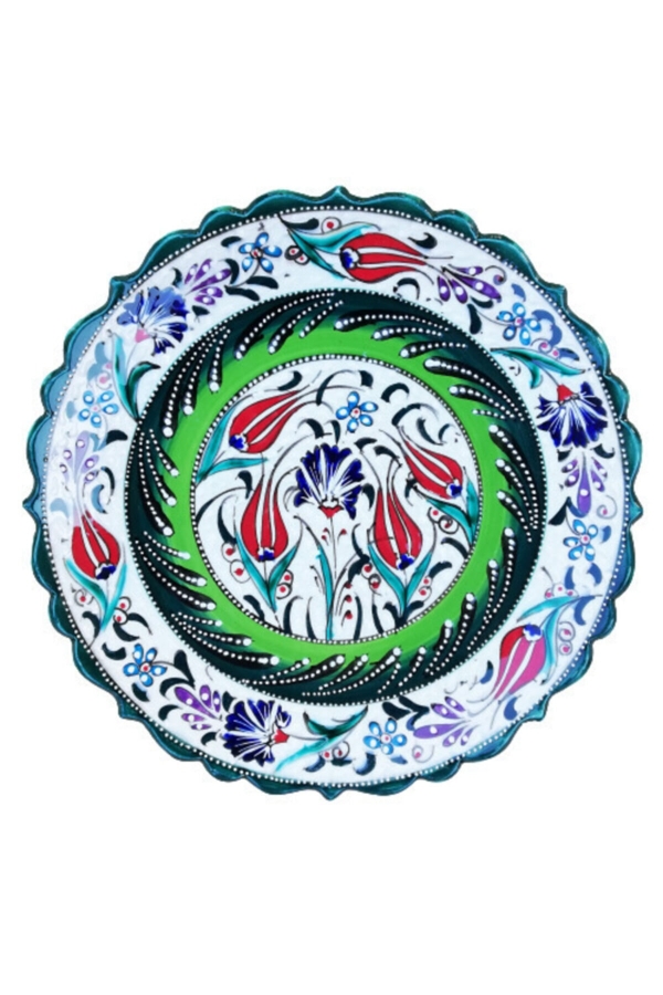 El Işlemesi 30 Cm Lale Desenli Yeşil Tabak - 1
