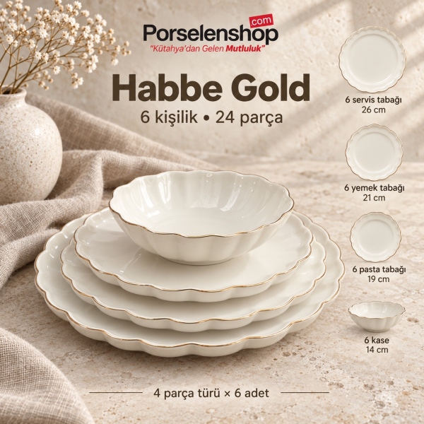 Farika Porselen Habbe Gold 24 Parça 6 Kişilik Yemek Takımı - 4