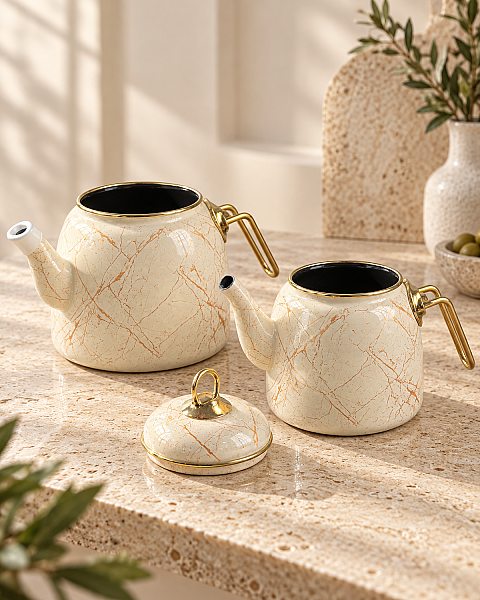 Gold Çizgili Krem Alt Üst Emaye Çaydanlık Takımı - 3