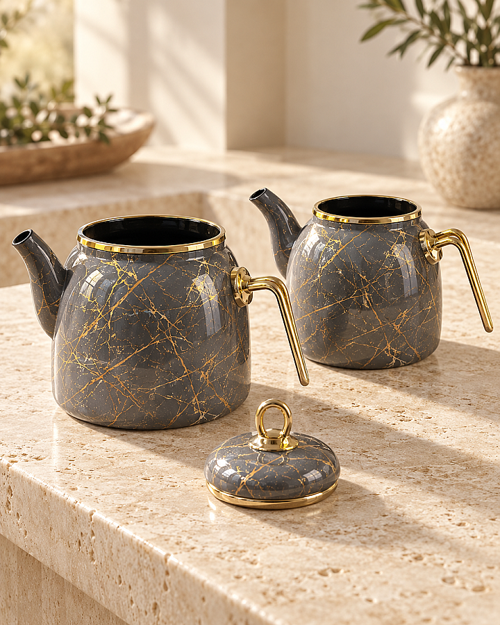 Gold Damarlı Antrasit Alt Üst Emaye Çaydanlık Takımı - 3