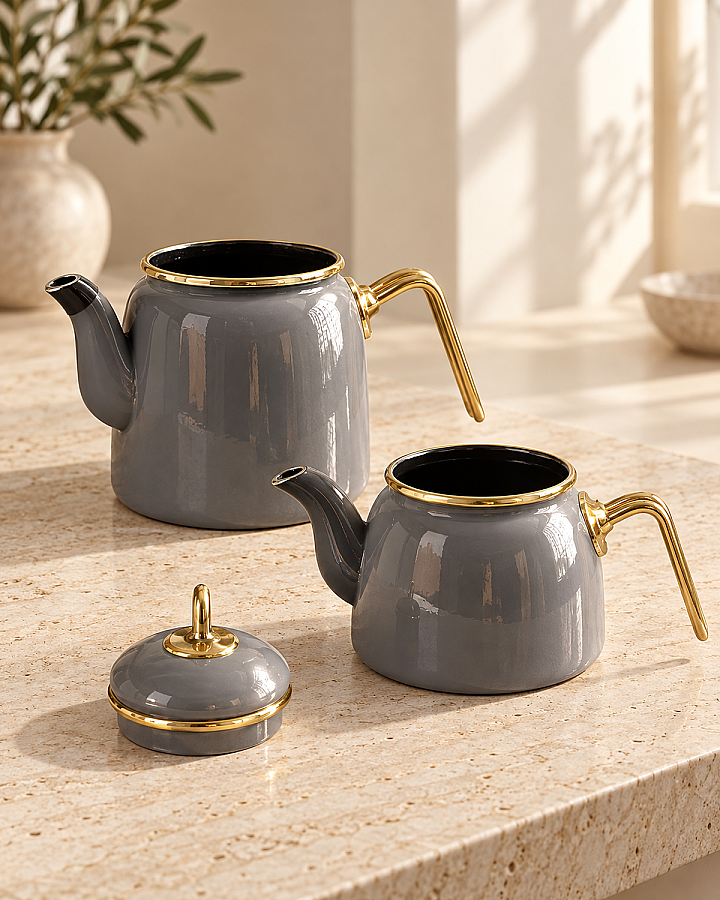 Gold Saplı Gri Alt Üst Emaye Çaydanlık Takımı - 3