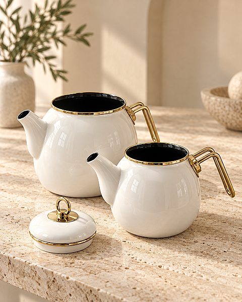 Gold Saplı Krem Alt Üst Emaye Çaydanlık Takımı - 3
