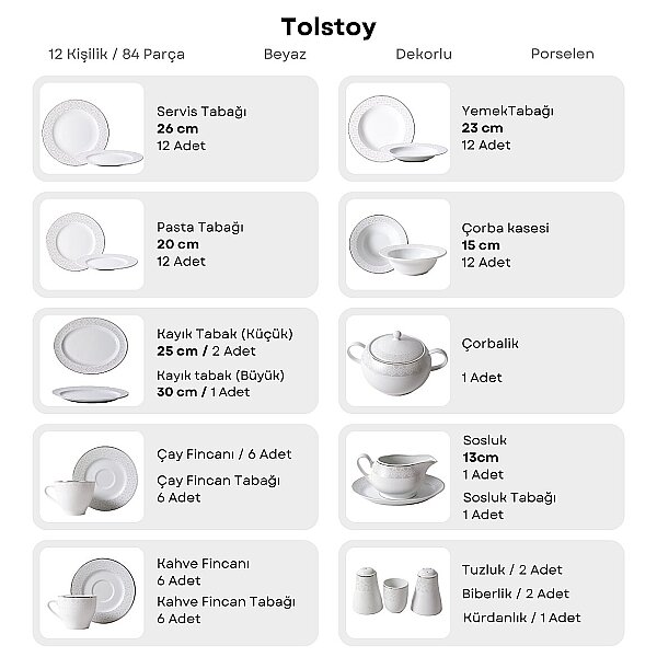 Güral Porselen Tolstoy 84 Parça 12 Kişilik Yemek Takımı 5105 - 8