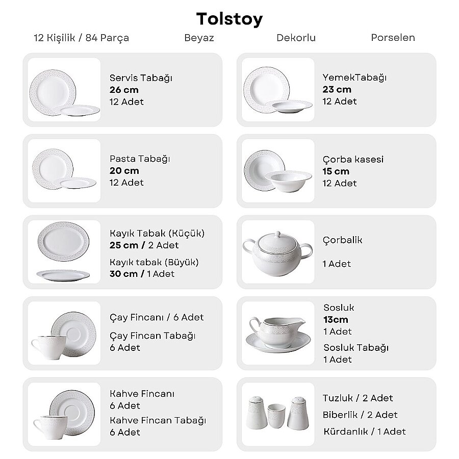 Güral Porselen Tolstoy 84 Parça 12 Kişilik Yemek Takımı 5105 - 8
