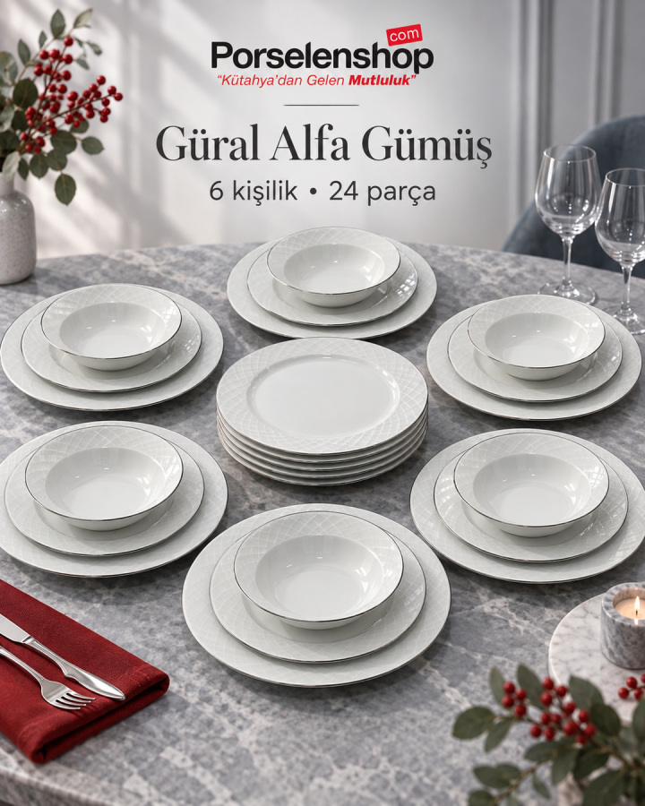 Güral Porselen Alfa Gümüş 24 Parça 6 Kişilik Yemek Takımı - 1