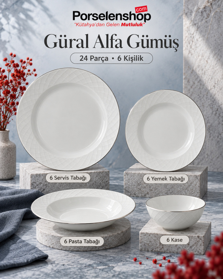 Güral Porselen Alfa Gümüş 24 Parça 6 Kişilik Yemek Takımı - 4