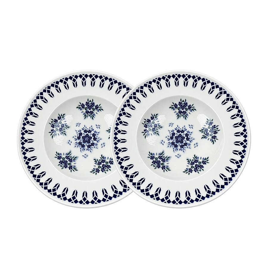 Güral Porselen Camelia 1654 Mavi Desenli 26 cm Makarna Tabağı / Salata Kasesi 2’li Set - 1