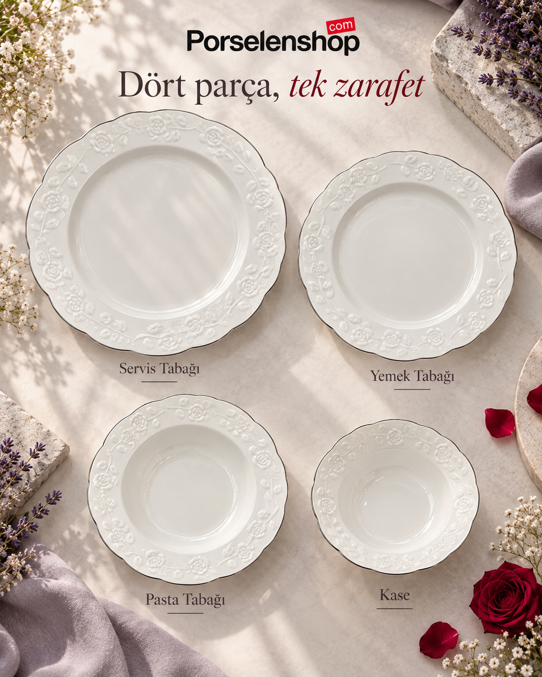 Güral Porselen Carmina Platin 24 Parça 6 Kişilik Yemek Takımı