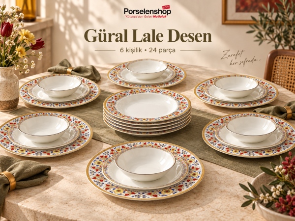 Güral Porselen Lale Desen 24 Parça 6 Kişilik Yemek Takımı