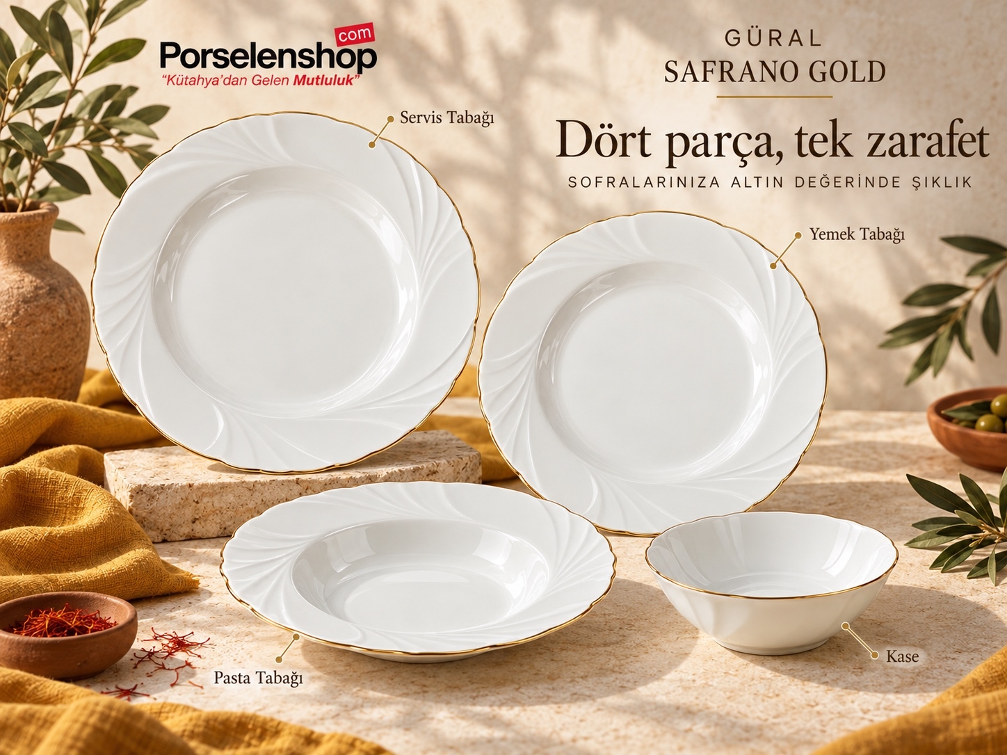 Güral Porselen Soprano Gold 24 Parça 6 Kişilik Yemek Takımı