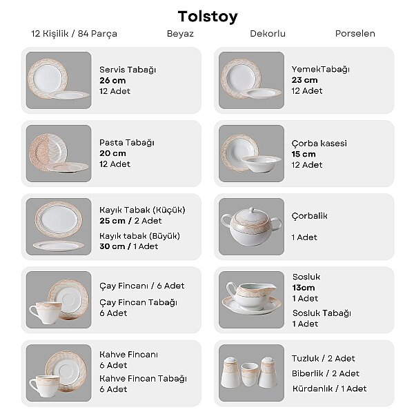 Güral Porselen Tolstoy 84 Parça 12 Kişilik Porselen Yemek Takımı 6203 - 7