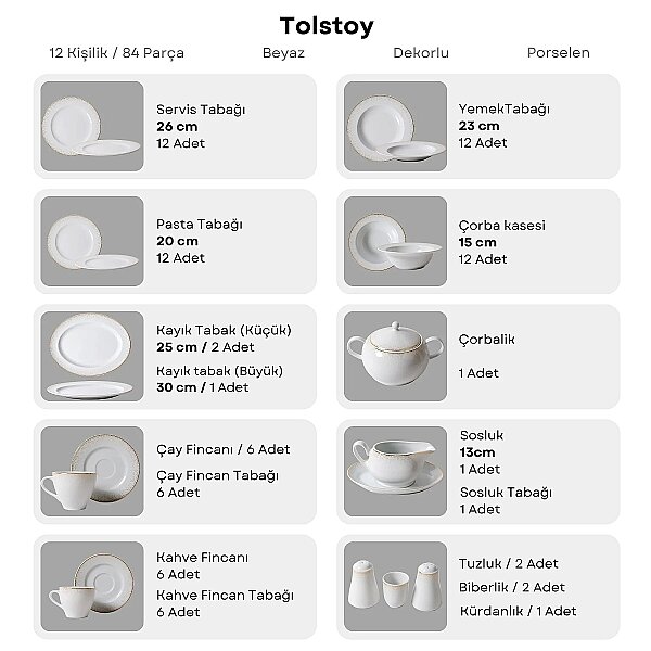 Güral Porselen Tolstoy 84 Parça 12 Kişilik Yemek Takımı 5614 - 6