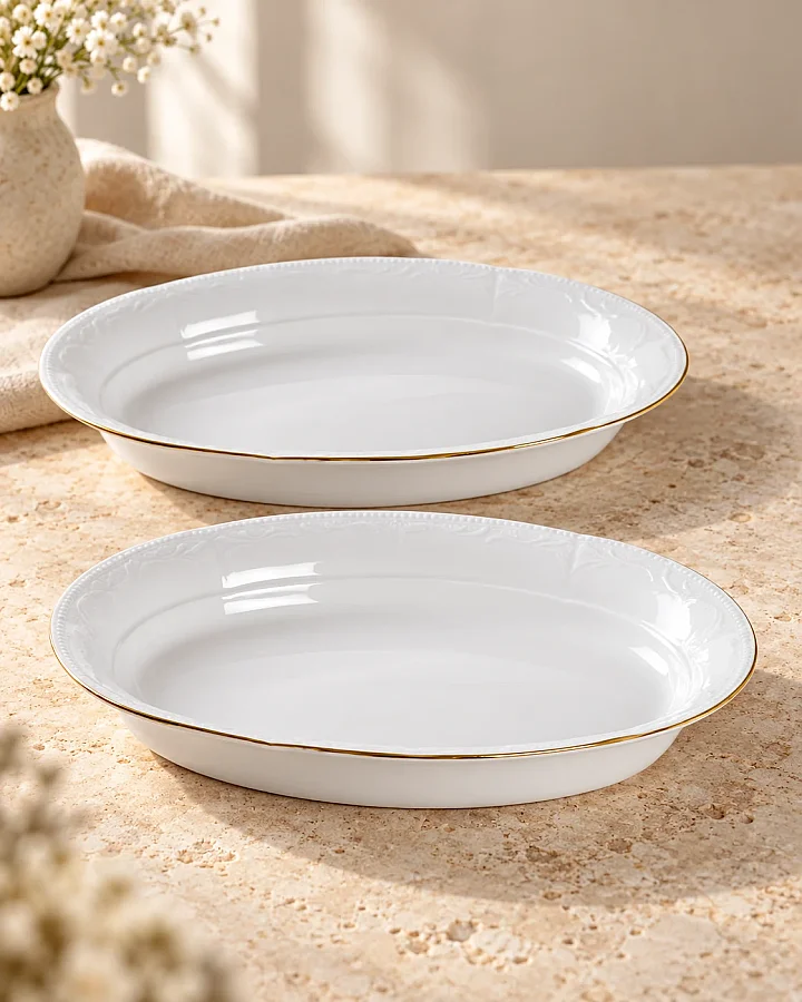 İpek Porselen Yaldızlı Kayık Tabak 26 cm - 2’li Set - 1