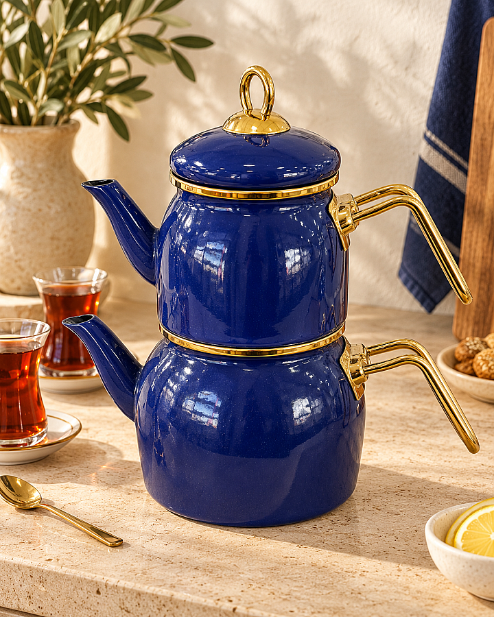 Lacivert Gold Detaylı Alt Üst Emaye Çaydanlık Takımı - 1
