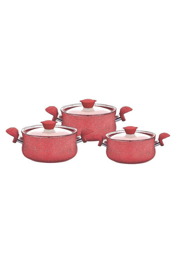 OMS Collection 3027 - 6 Parça Biogranit, Ergonomik, Güveç Seti, Kırmızı Gövde - Kırmızı Detay - 1