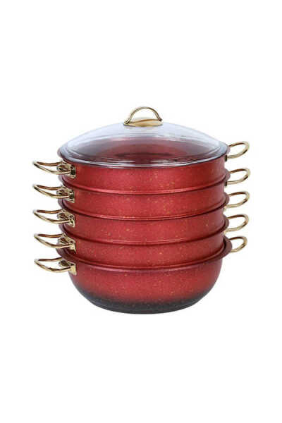 OMS Collection 6091c 6 Parça Bio Granit 28 Cm Mantı Tencere Seti Kırmızı