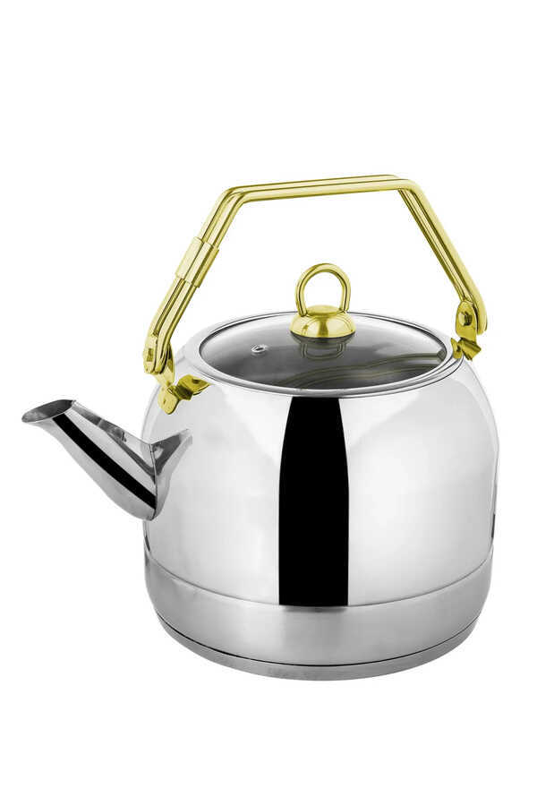 OMS Collection 8078 - ( XL ) 5 Litre - 2 Parça, Paslanmaz Çelik, İndüksiyonlu, Bitki Çaydanlığı, Gümüş Gövde, Gold Detay - 1