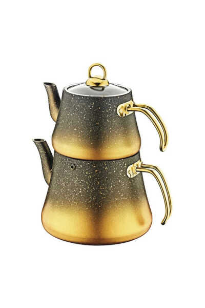 OMS Collection 8200 ( M ) - 4 Parça - Biogranit, İndüksiyon Taban, Çaydanlık Siyah Gold Gövde, Gold Detay