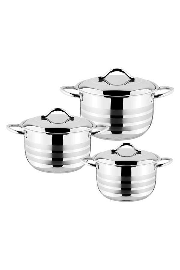 OMS Collection Gastro - 1045 - 1. Sınıf Paslanmaz Çelik, Indüksiyonlu, Derin Tencere Seti Şeritli, Zıpmaralı Gümüş - 2