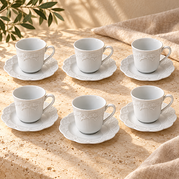 Porland Kabartma Desenli 6 Kişilik 12 Parça Kahve Fincan Takımı - Outlet