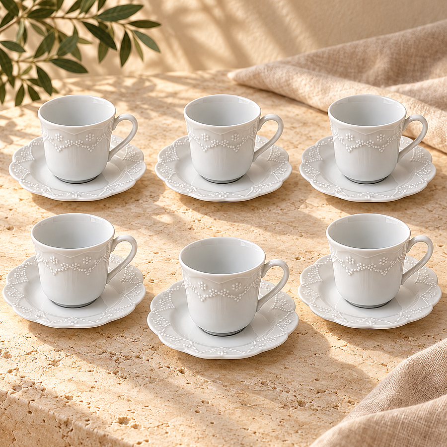Porland Kabartma Desenli 6 Kişilik 12 Parça Kahve Fincan Takımı - Outlet - 1