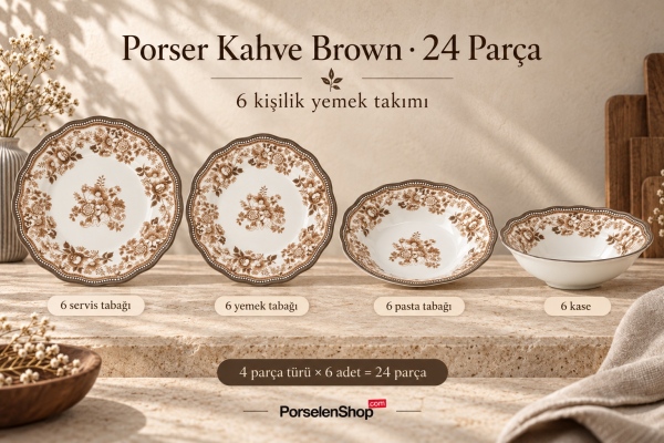 Porser Porselen Kahve Brown 24 Parça 6 Kişilik Yemek Takımı - 4