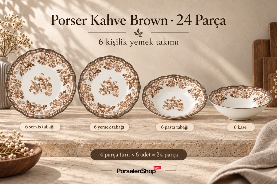 Porser Porselen Kahve Brown 24 Parça 6 Kişilik Yemek Takımı - 4