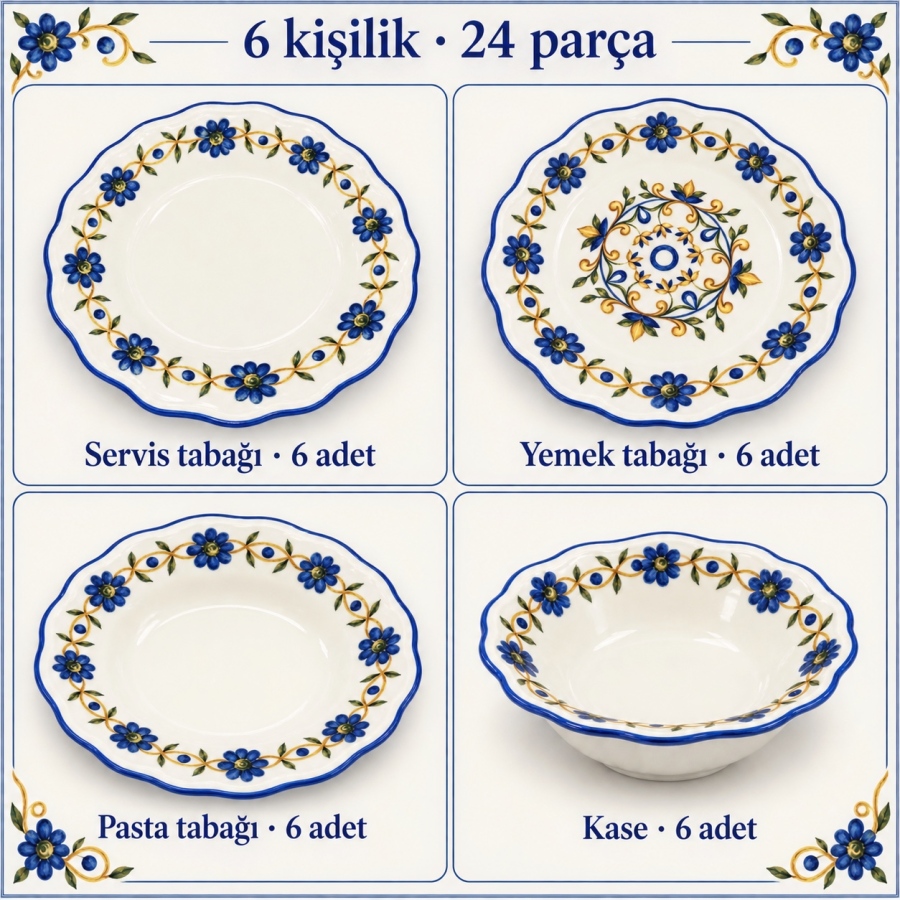 Porser Porselen Mavi 24 Parça 6 Kişilik Yemek Takımı - 4