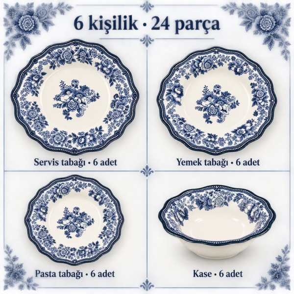 Porser Porselen Mavi Klasik 24 Parça 6 Kişilik Yemek Takımı - 4