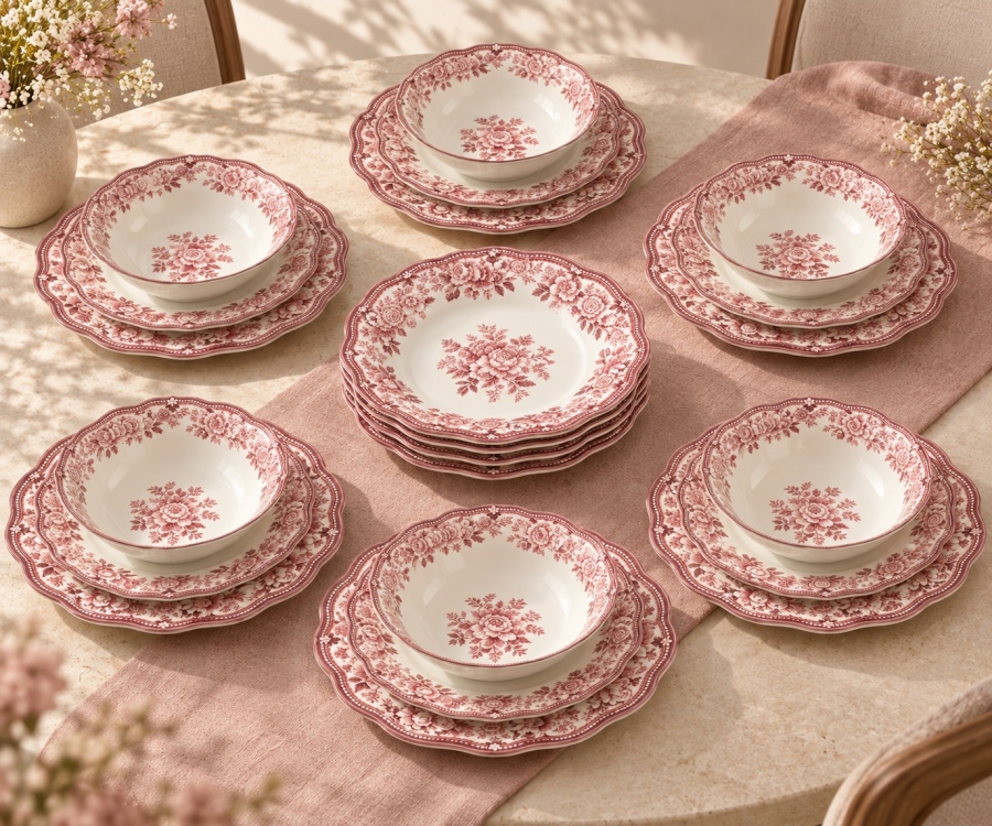 Porser Porselen Pembe 24 Parça 6 Kişilik Yemek Takımı - 1