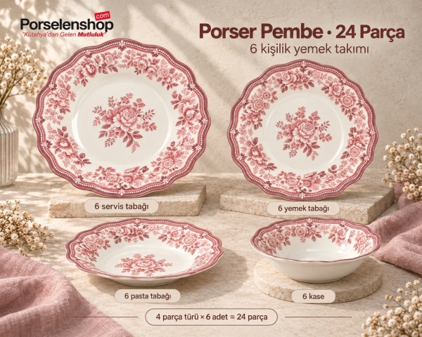 Porser Porselen Pembe 24 Parça 6 Kişilik Yemek Takımı - 4