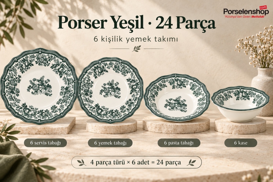 Porser Porselen Yeşil Klasik 24 Parça 6 Kişilik Yemek Takımı - 4