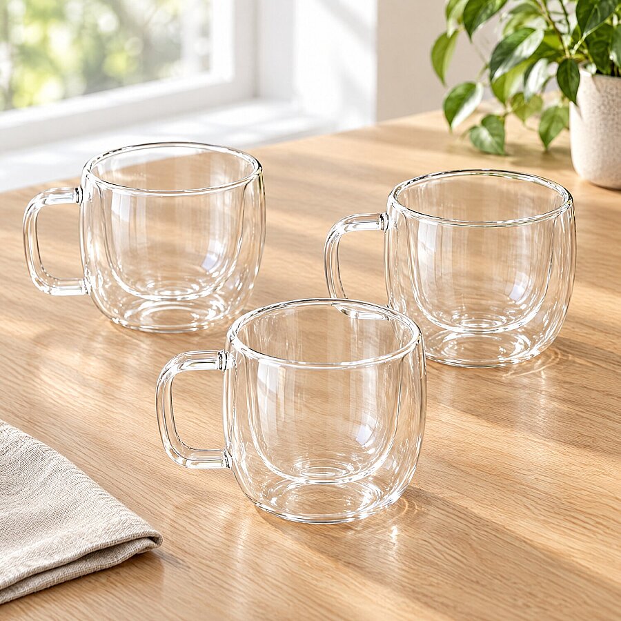Zbern Çift Cidarlı Kulplu Bardak 250 ml 3'lü Basık Model - 1